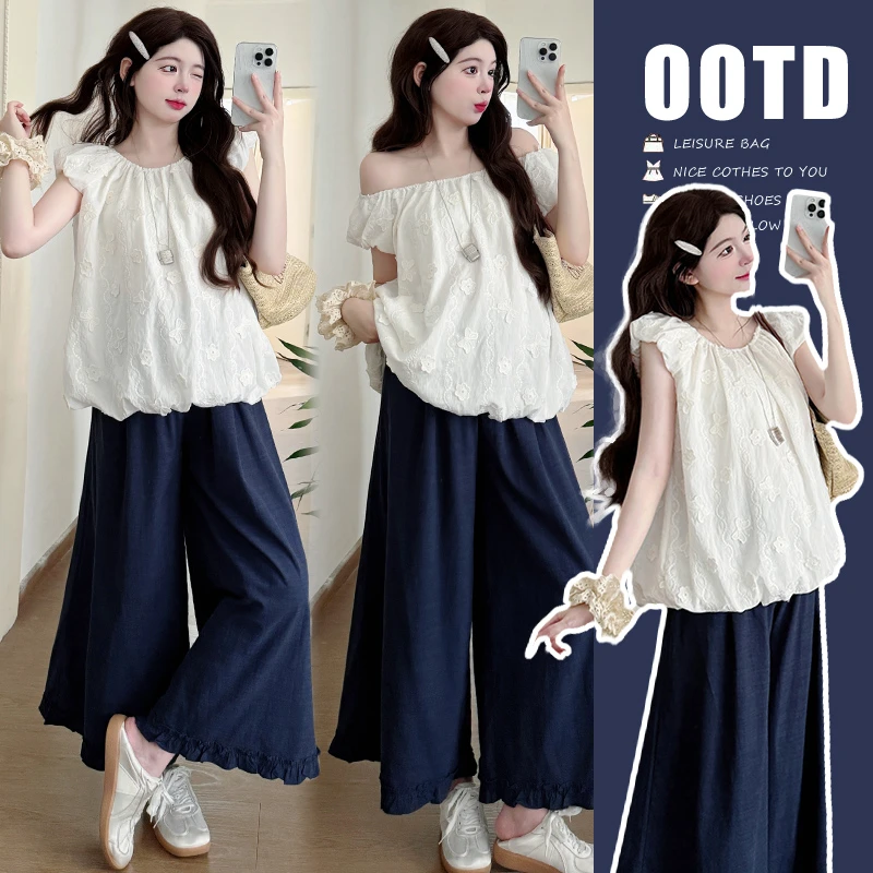 韩版孕妇夏季新款阔腿裤套装韩版宽松甜美减龄显瘦泡泡袖娃娃小衫