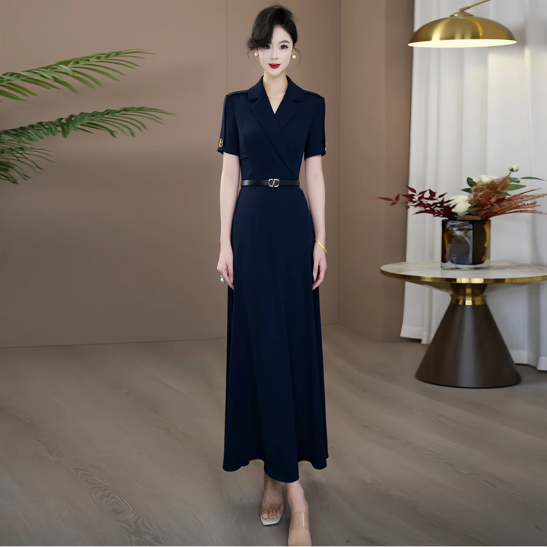 夏季薄款吸汗连衣裙气质蓝色2025夏季新款收腰显瘦气质长裙033