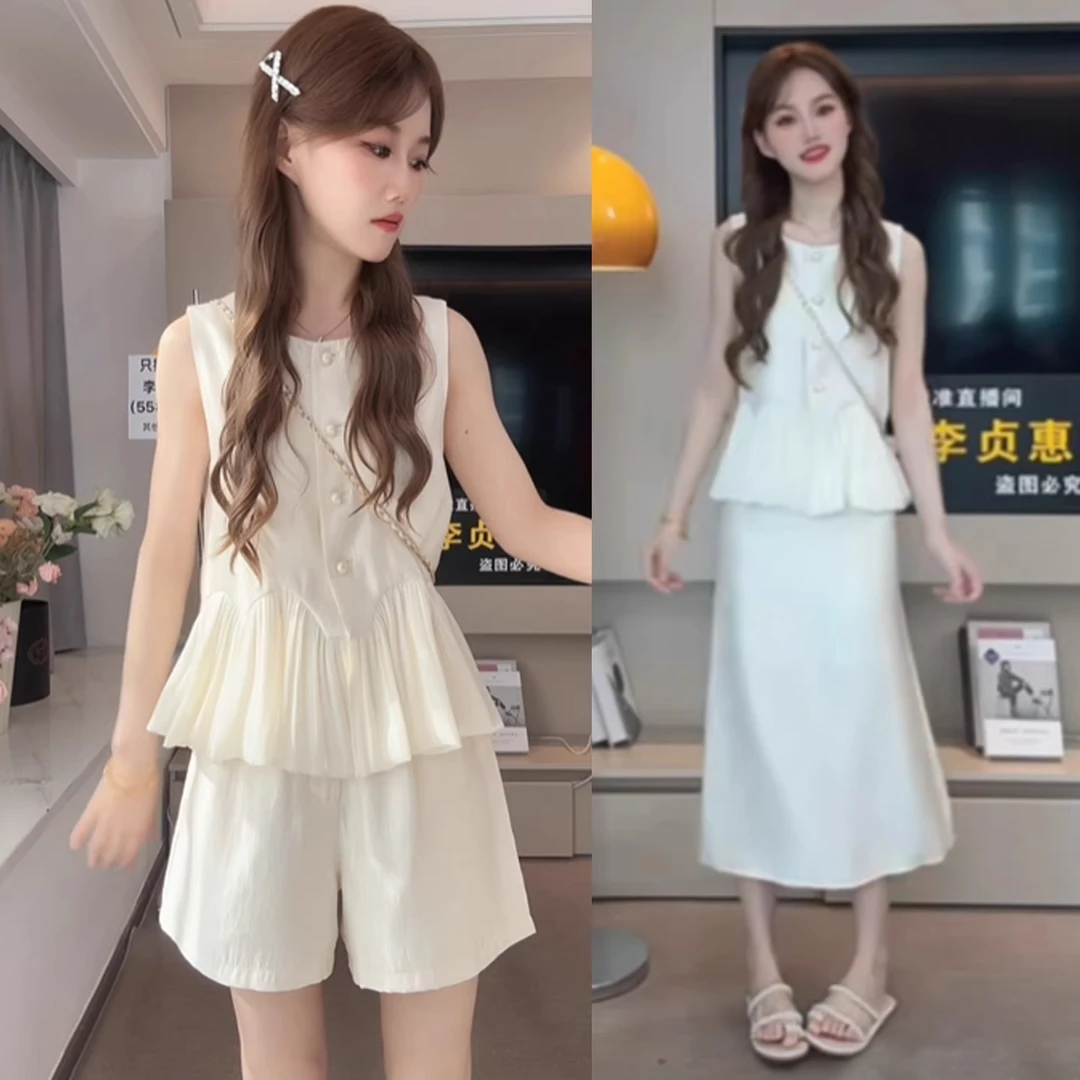 时尚套装女2025夏季新款洋气显瘦拼接无袖上衣短裤半身裙女两件套