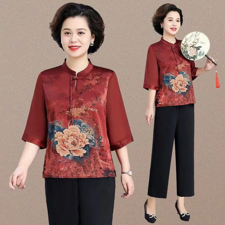 中老年妈妈夏装七分袖雪纺衫套装新中式国风阔太太夏季纱袖上衣女