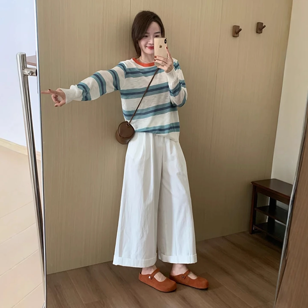 蓝色条纹圆领宽松慵懒长袖T恤女2025早秋季新款休闲上衣裤子套装