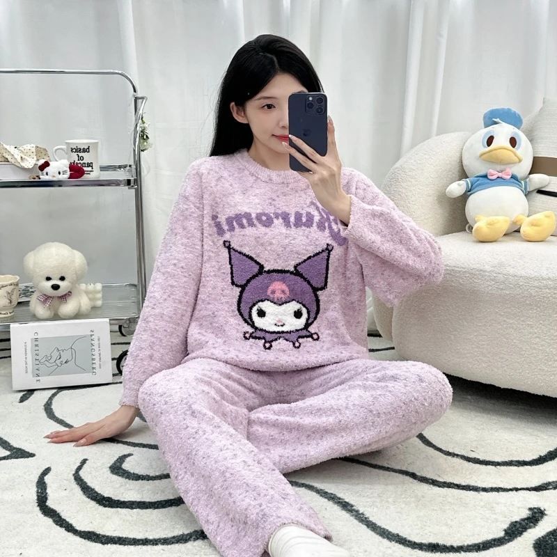 女士睡衣秋冬季半边绒简约舒服加厚气质卡通冬天可外穿家居服套装