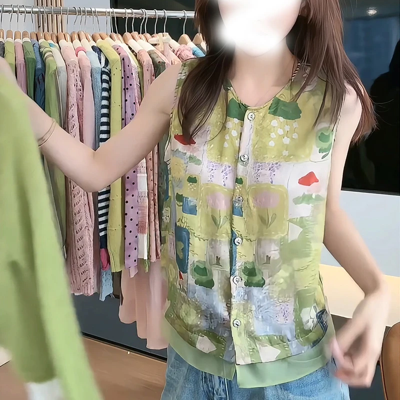 时尚小众圆领无袖衬衫女2025夏季新款新中式设计款两面穿上衣潮流