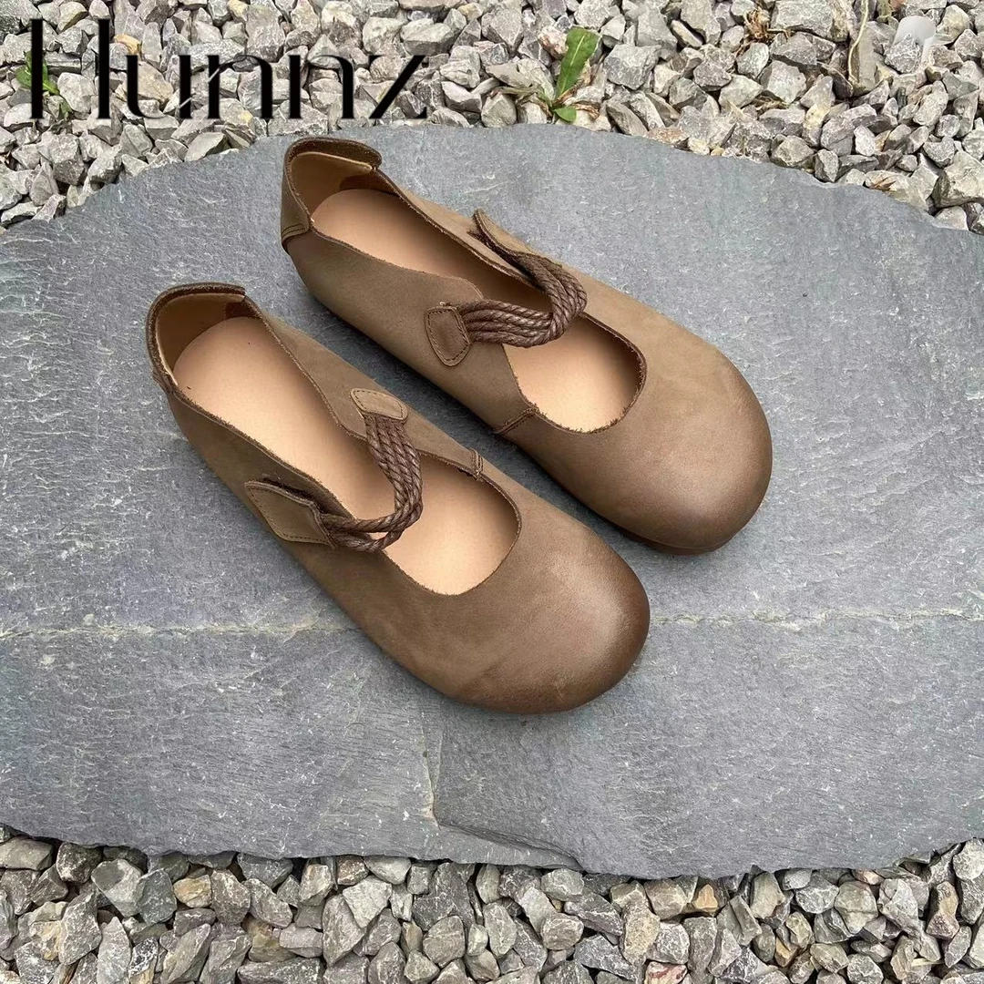 hunnz平底皮鞋女软底真皮森系风软面不累脚正品玛丽珍气质精致