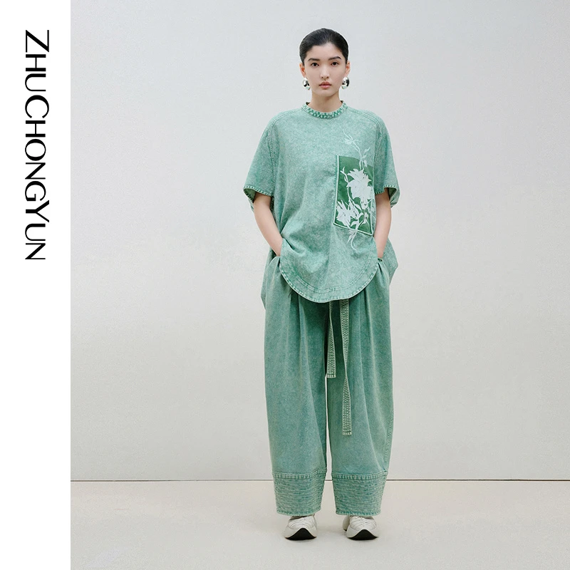 【冬姐精选】ZHUCHONGYUN春新款碧色宽松量感廓形东方感印花上衣