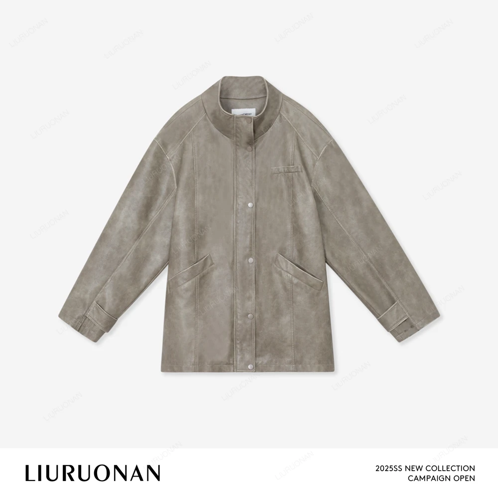 LIURUONAN 25SS 【克林特】春季立领防风设计感灰绿色皮外套夹克