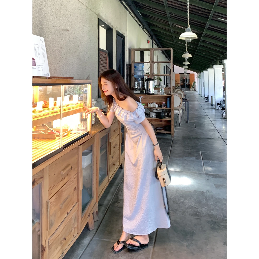 切糕自制【清新出圈】小个子夏季女气质慵懒感斜肩显瘦长裙连衣裙