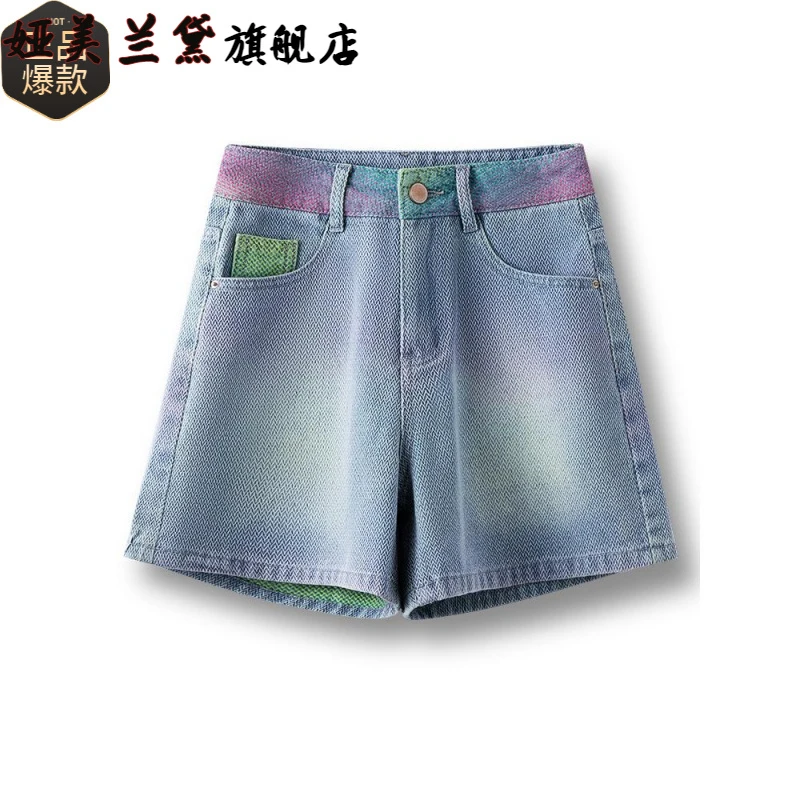 蓝色高腰洗水牛仔阔腿短裤女2025年新款夏季薄款外穿宽松百搭热裤