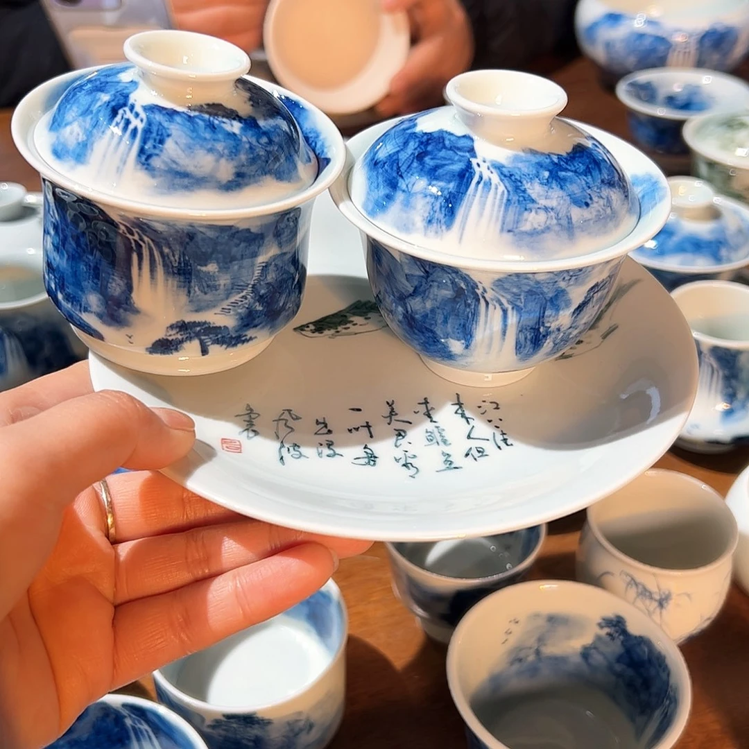 杯胖*儿青花手绘山水盖碗