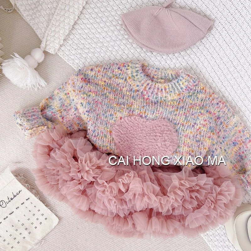 韩国童装2025秋季新款女童洋气甜美彩色针织毛衣宝宝tutu裙两件套