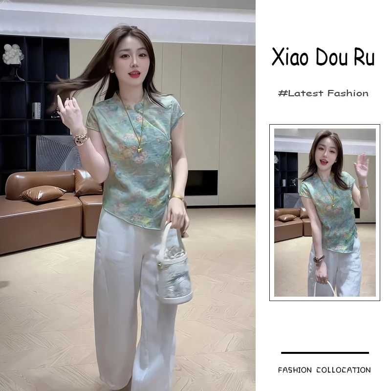 夏季流行穿搭一整套新款2025新中式复古温柔碎花上衣阔腿裤两件套