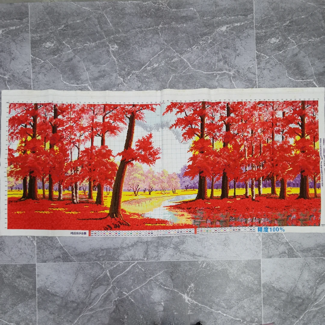 纯手工十字绣成品鸿运当头红色枫叶树林大幅客厅挂画绣好的出售