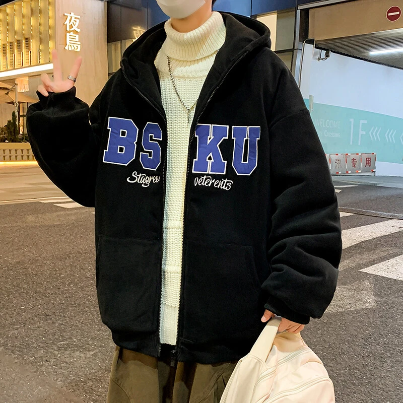 秋冬新款男保暖开衫立领外套帅气纯色韩版加厚冬装潮流奥粒绒夹克