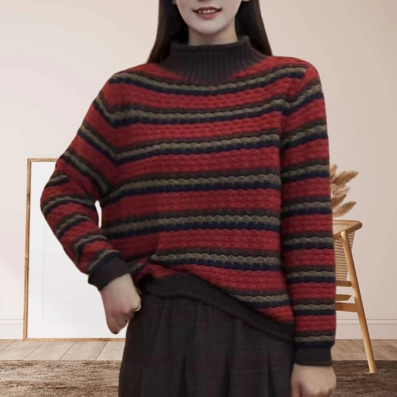 文艺复古减龄时尚半高领针织衫女撞色条纹高级感慵懒百搭显瘦毛衣