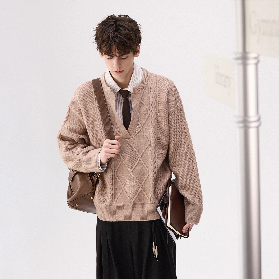 CHICERRO西西里男装美式绞花翻领假两件毛衣时尚休闲复古宽松秋冬