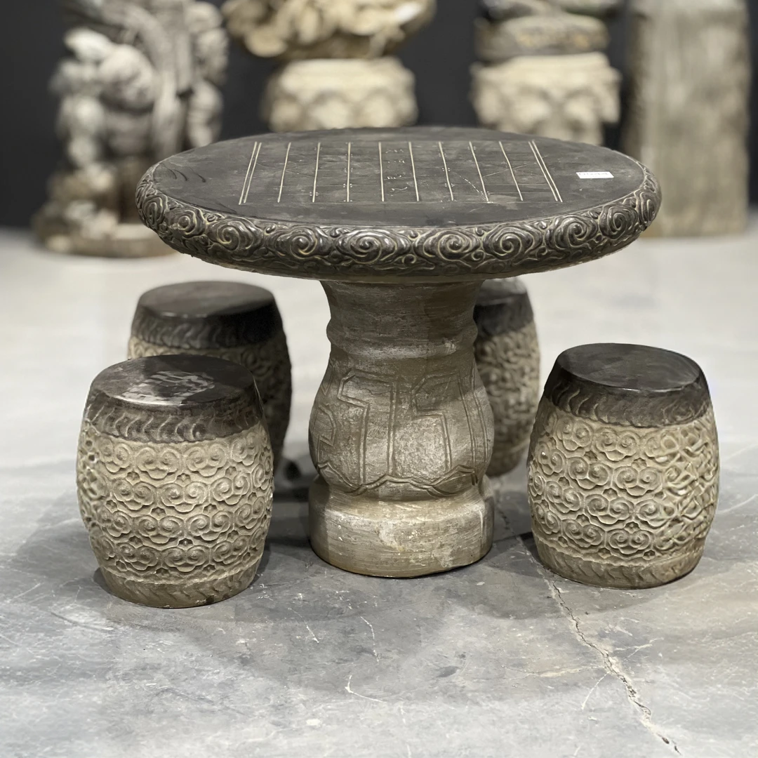 黑青石•一桌四凳，带象棋盘