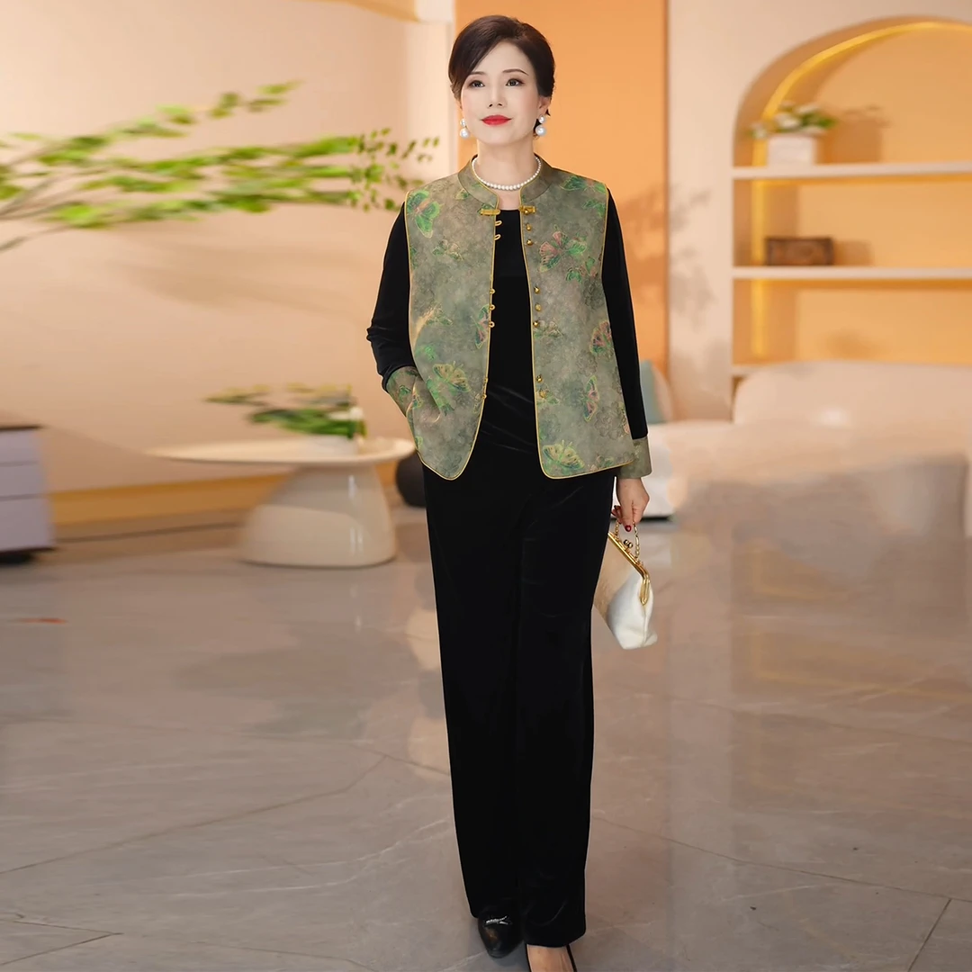 妈妈装2025秋季新款洋气新中式国风马甲中老年女装复古时尚套装