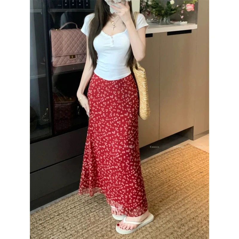 显瘦高腰半身裙韩版复古碎花中长款设计感休闲气质百搭春夏夏季新