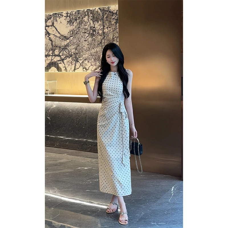 YUANLIANSU/圆脸酥【山茶白羽】绑带收腰显瘦波点无袖背心连衣裙女
