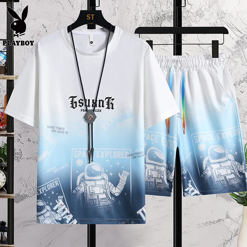 花花公子男士新款时尚休闲宽松潮流渐变帅气时尚套装夏季韩版套装