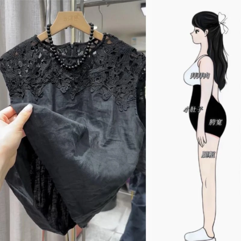 时尚黑色蕾丝超好看拼接无袖上衣2025年夏季新款漂亮舒适背心女