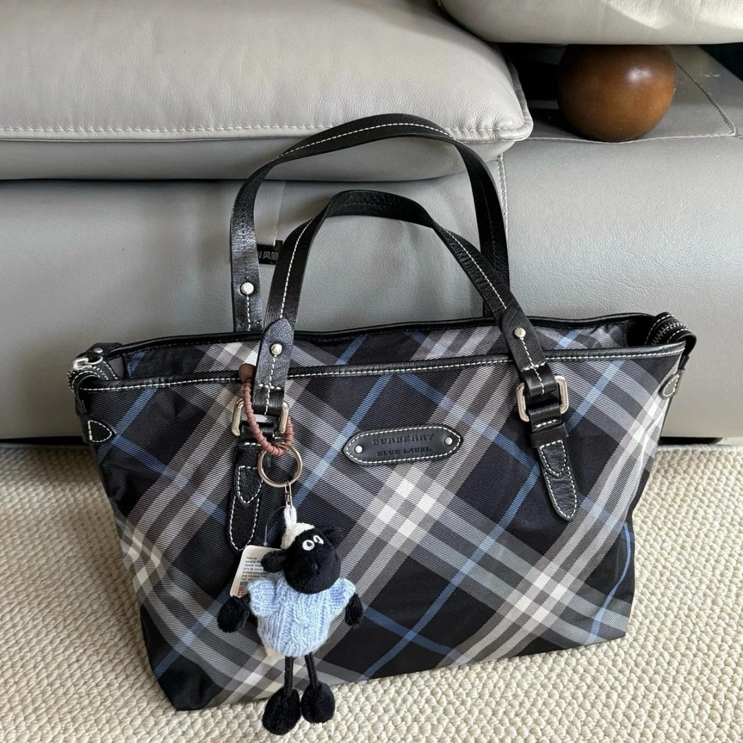 99新 BURBERRY/博柏利 大吉中古/burberry巴宝莉蓝黑格纹托特包