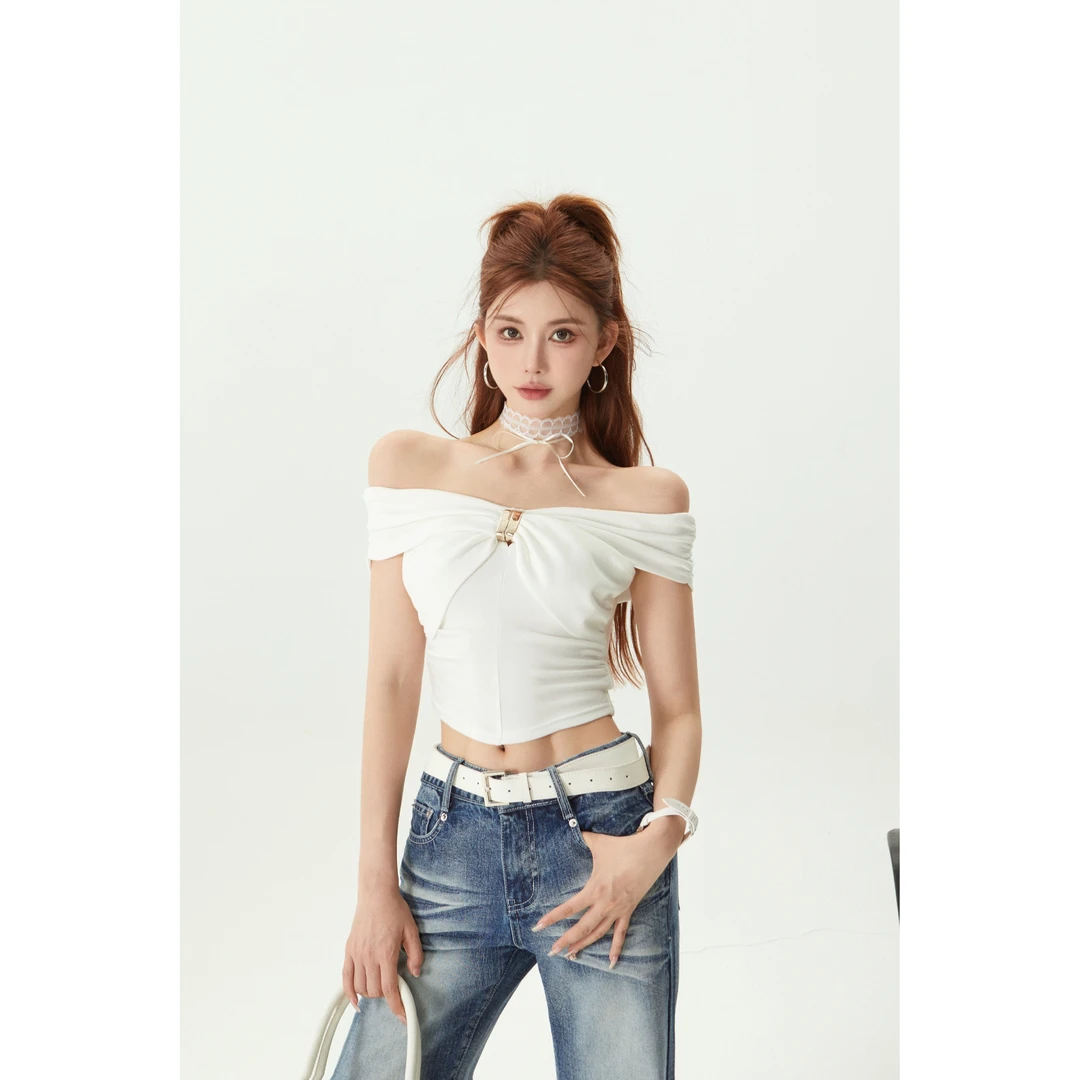婉君【一字肩镂空T】夏季短款性感修身辣妹上衣LWJ24B2T843