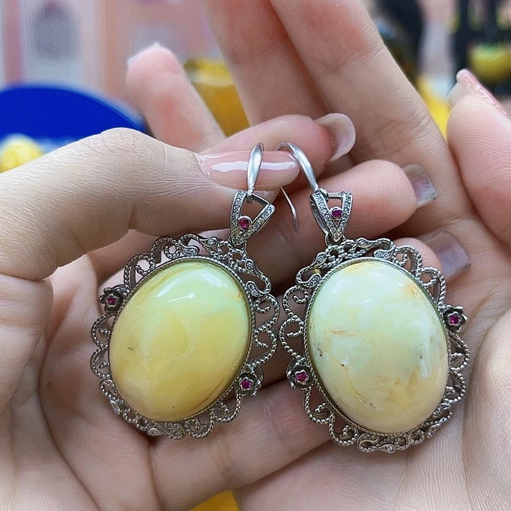 琥珀银S925镶嵌颈饰耳环