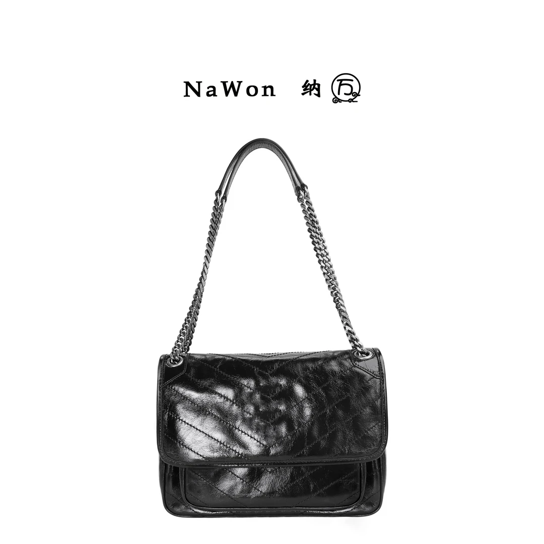 Nawon｜褶皱油蜡牛皮 复古轻奢大容量单肩斜挎包流浪链条包
