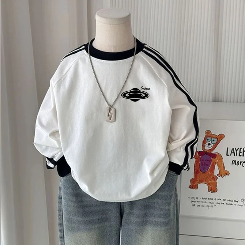 新款儿童男童纯棉中大童三条长袖秋季T恤字母印花设计感休闲上衣T