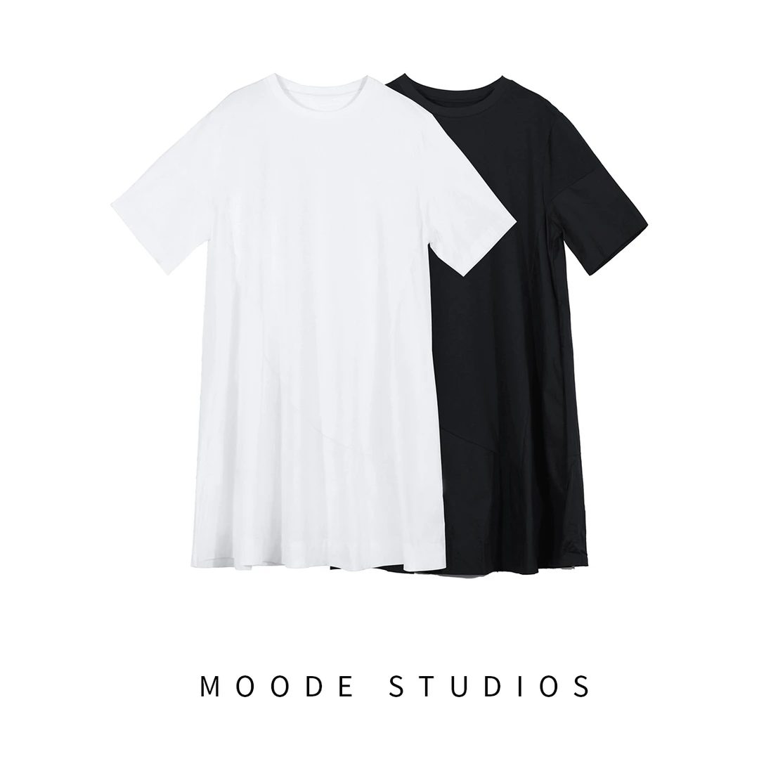 MODE【留白美学】2025新款休闲版型下摆拼接设计A字T恤连衣裙