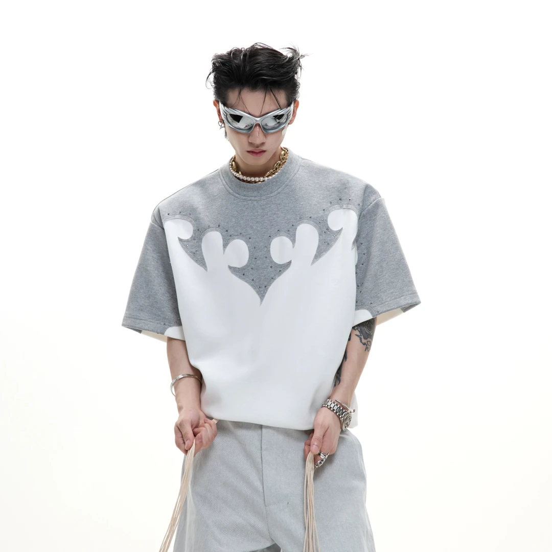 ArguE CulturE原创立体拼接烧花圆领短袖男烫钻重磅棉T恤上衣