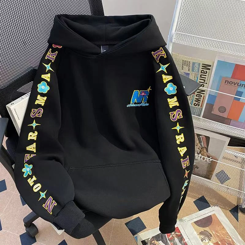 美式复古刺绣连帽卫衣男女新款春秋季薄款宽松韩系慵懒上衣外套潮