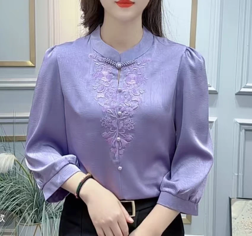 设计感小众刺绣七分袖衬衫女2025春新款时尚显瘦百搭洋气盘扣衬衣