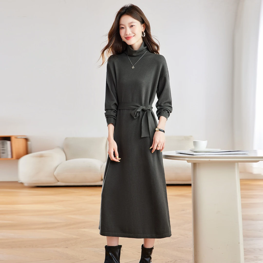 2025秋新款纯色高领爆款长款系带气质收腰时尚冬季针织连衣裙秋冬