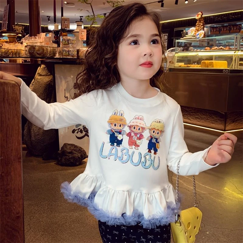 女童卡通春秋洋气韩版休闲网纱花边长袖T恤小女孩宝宝公主风上衣
