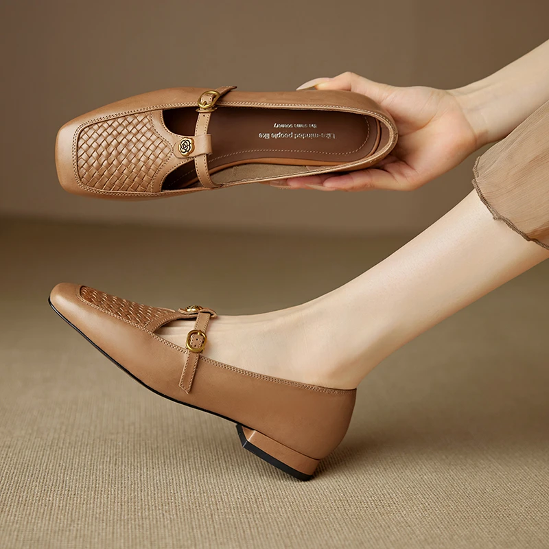 牛皮编织复古玛丽珍鞋女方头平底鞋女软底舒适开春小单鞋女浅口