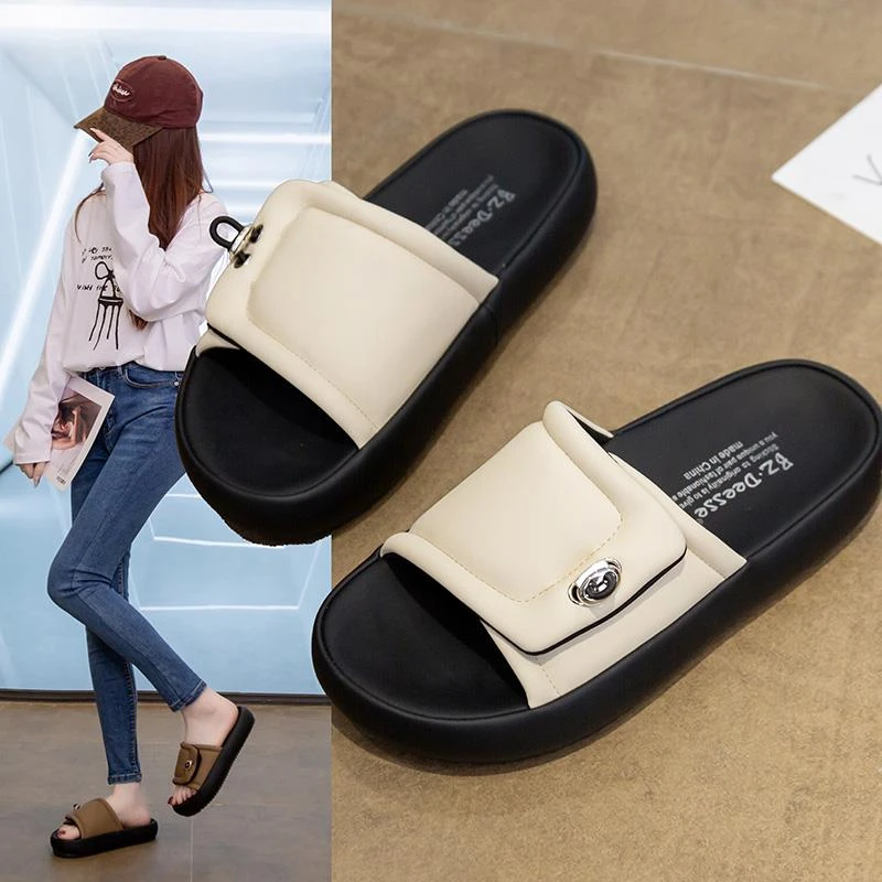 三福真皮高级感小香风一字拖鞋女夏外穿2025新款厚底软底沙滩凉拖