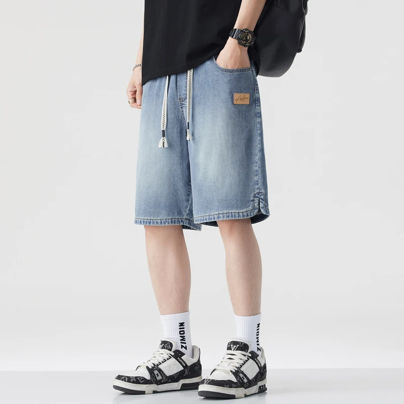 薄款复古夏季冰薄宽松牛仔裤潮流直筒宽松五分裤休闲百搭短裤男士