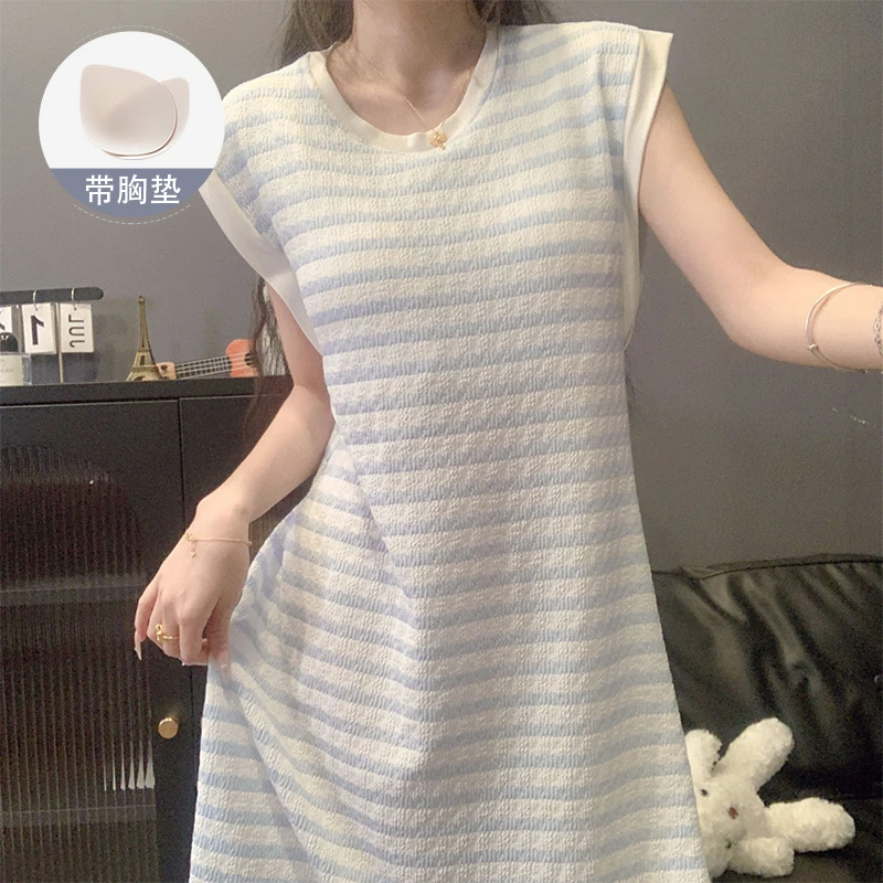 带胸垫无袖背心睡裙女款蓝色条纹家居服2025新款夏季甜美宽松睡衣