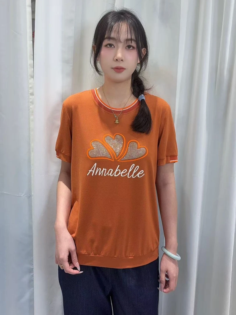 短袖烫钻宽松型夏季宽松圆领设计师时尚女装纯棉显瘦休闲百搭气质