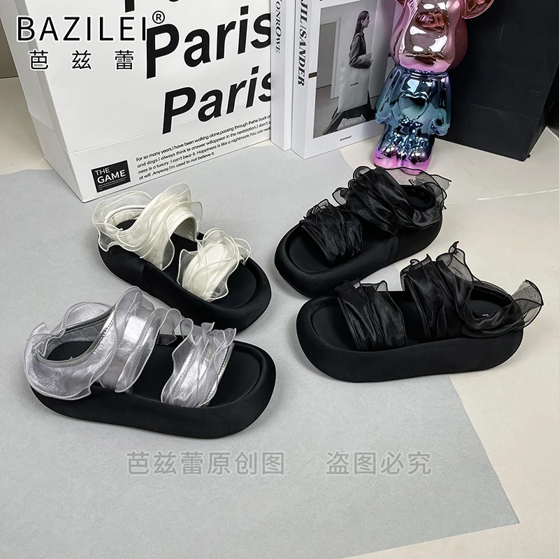 拖鞋女2025年夏季新款休闲风圆头蕾丝一字拖韩版网红国风潮流拖鞋