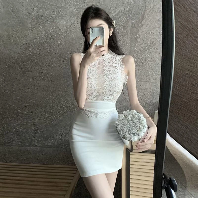 修身气质白色蕾丝连衣裙镂空紧身包臀短裙裙子法式连衣裙女高级