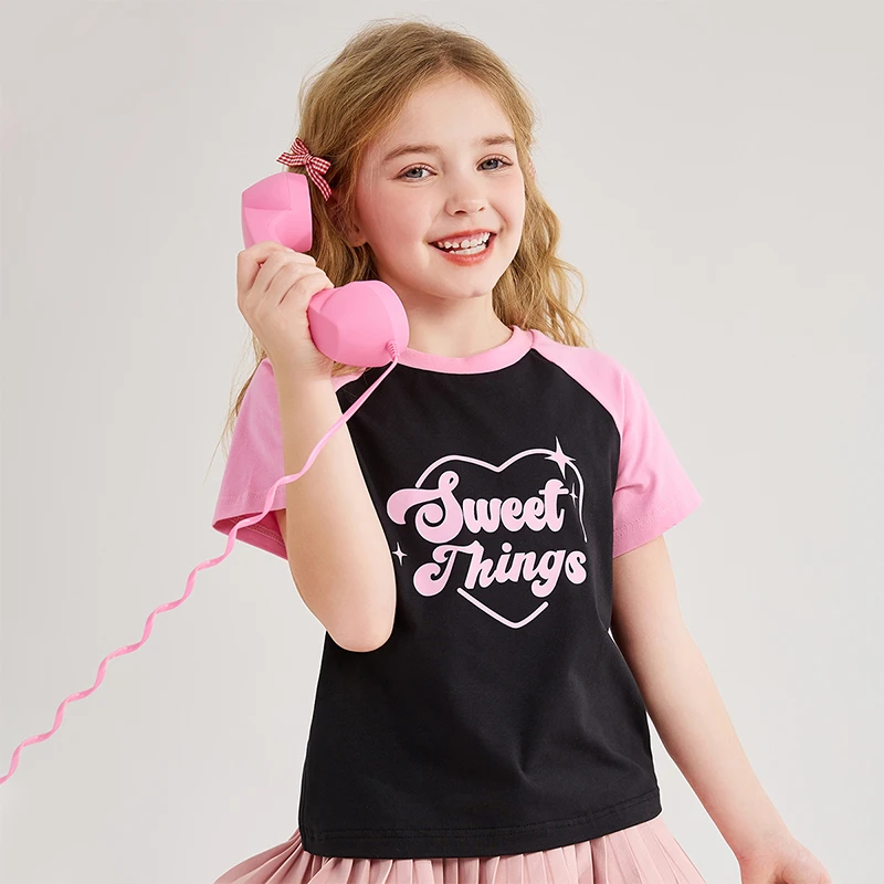 笛莎童装户外时尚休闲圆领短袖2025新款潮流运动上衣女童夏季