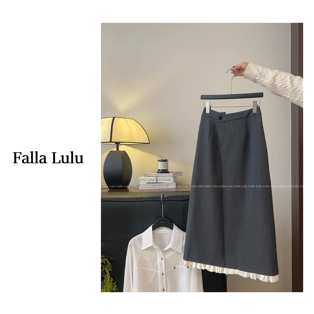 @英子家 韩系压褶花边气质灰色高腰显瘦中长款西装半身裙 A5713