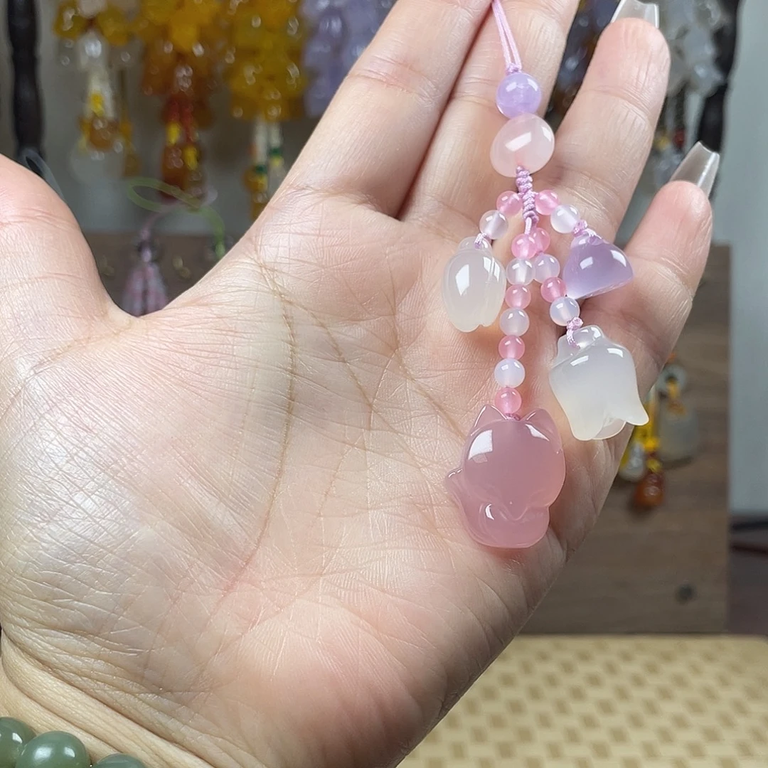 新品粉色九尾狐手机链