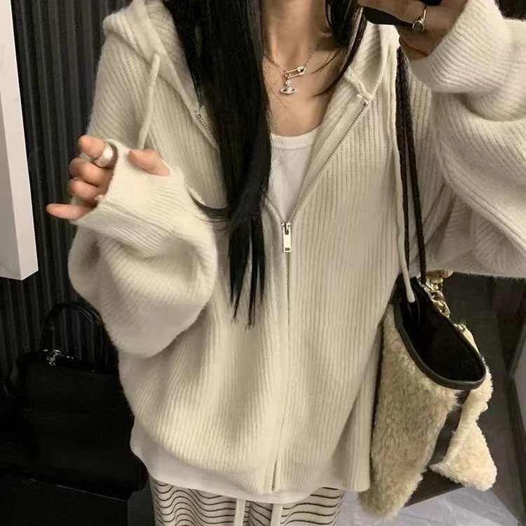 慵懒风高级感拉链连帽毛衣外套女秋冬2025新款宽松针织开衫上衣