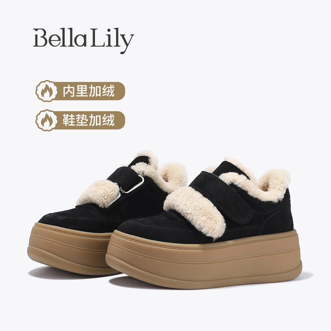 BellaLily2025秋冬新款百搭厚底增高鞋加绒保暖牛皮休闲鞋女潮鞋