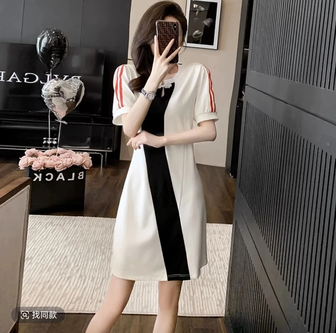 有染色介意勿拍高级感拼色连衣裙女夏新款宽松时尚显瘦减龄裙子