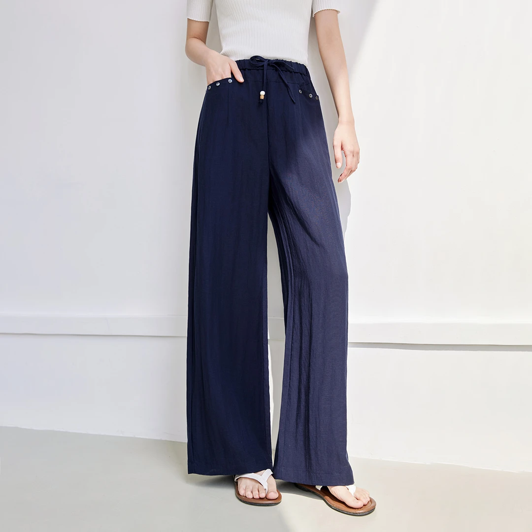 茵曼亚麻莱赛尔阔腿裤女夏季薄款宽松显瘦慵懒风高腰垂感透气长裤